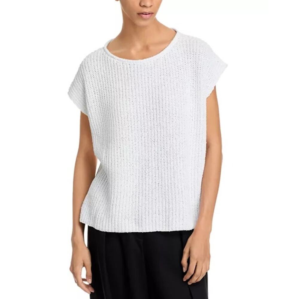 Eileen Fisher White 100% Organic Cotton Ballet Neck Sleeveless Box Top Sz Large